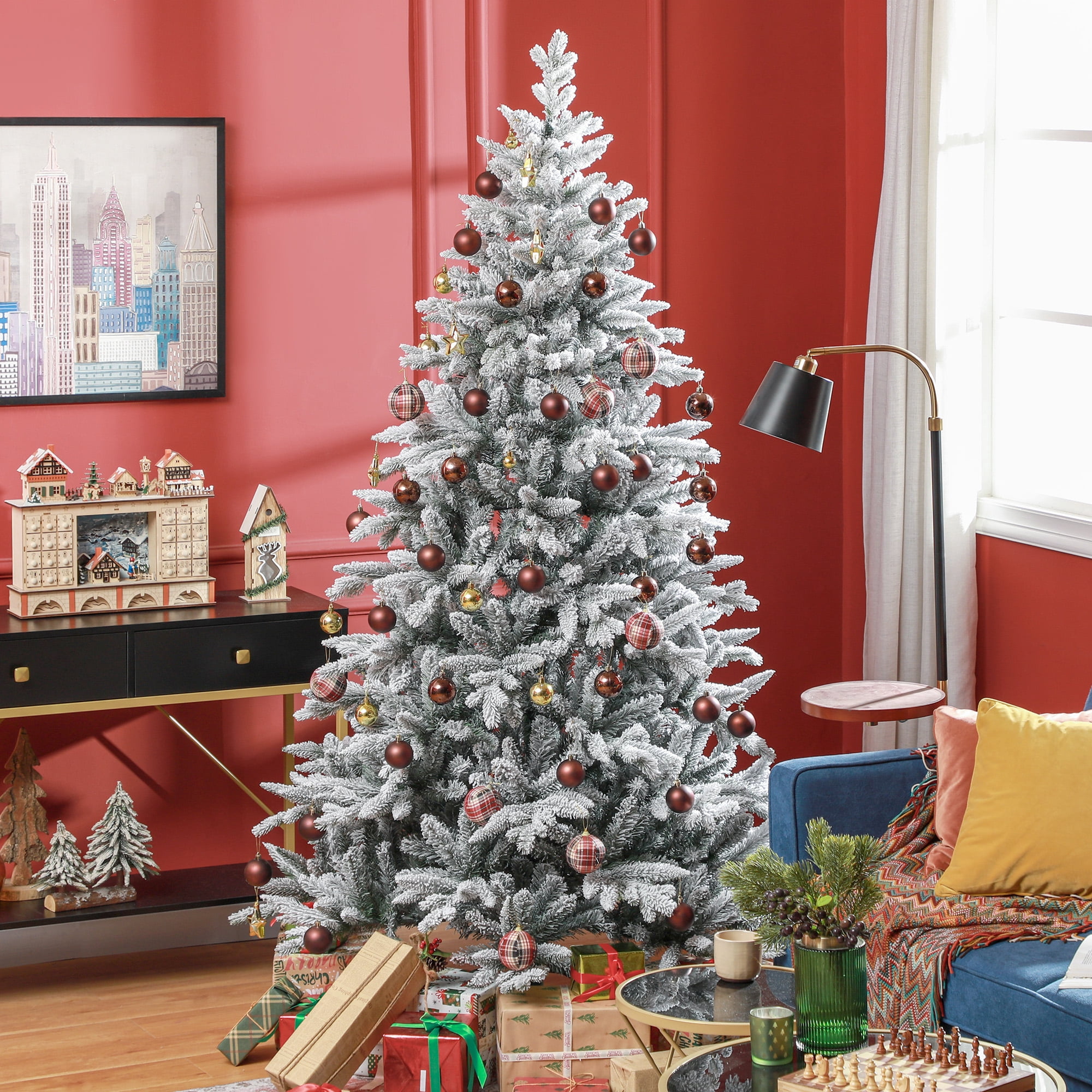 7ft Snow Flocked Full Christmas Tree 1401 Tips Quick Setup Flame Retardant Indoor Holiday Decor