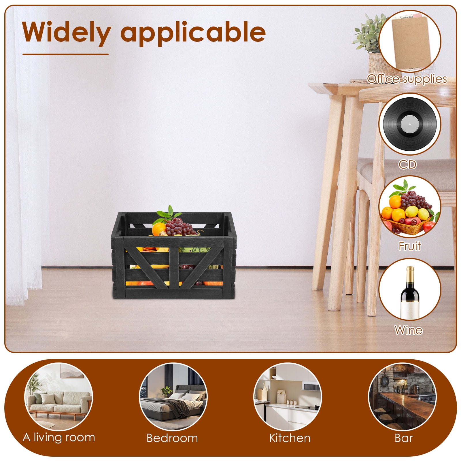 3 Pcs Wood Storage Crate Set Stackable Nesting Wooden Basket with Handles for Kitchen Fruit Vegetable Pantry Organization (black )