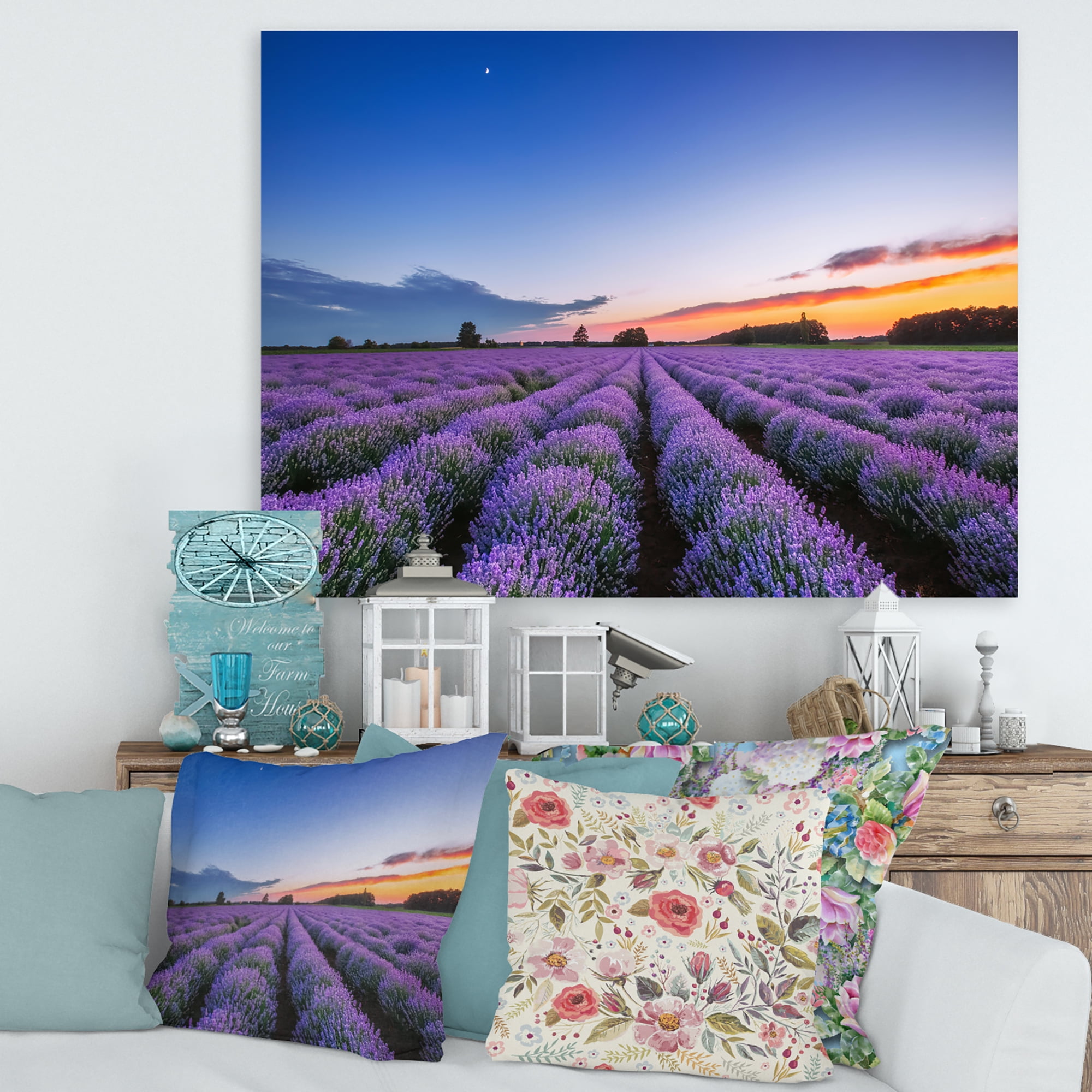 Dramatic Clouds and Sunrise Over Lavender Field I 32 in x 16 in Photography Canvas Art Print, by Designart