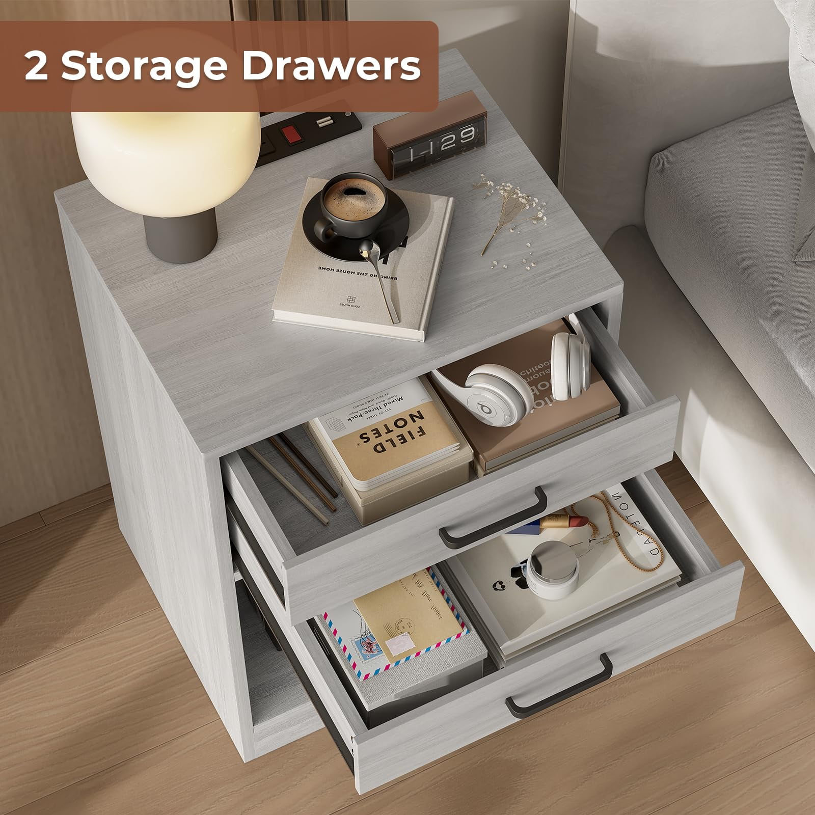 Afuhokles Nightstand Set of 2,Gray Bedside Table with Charging Station 2 Drawers