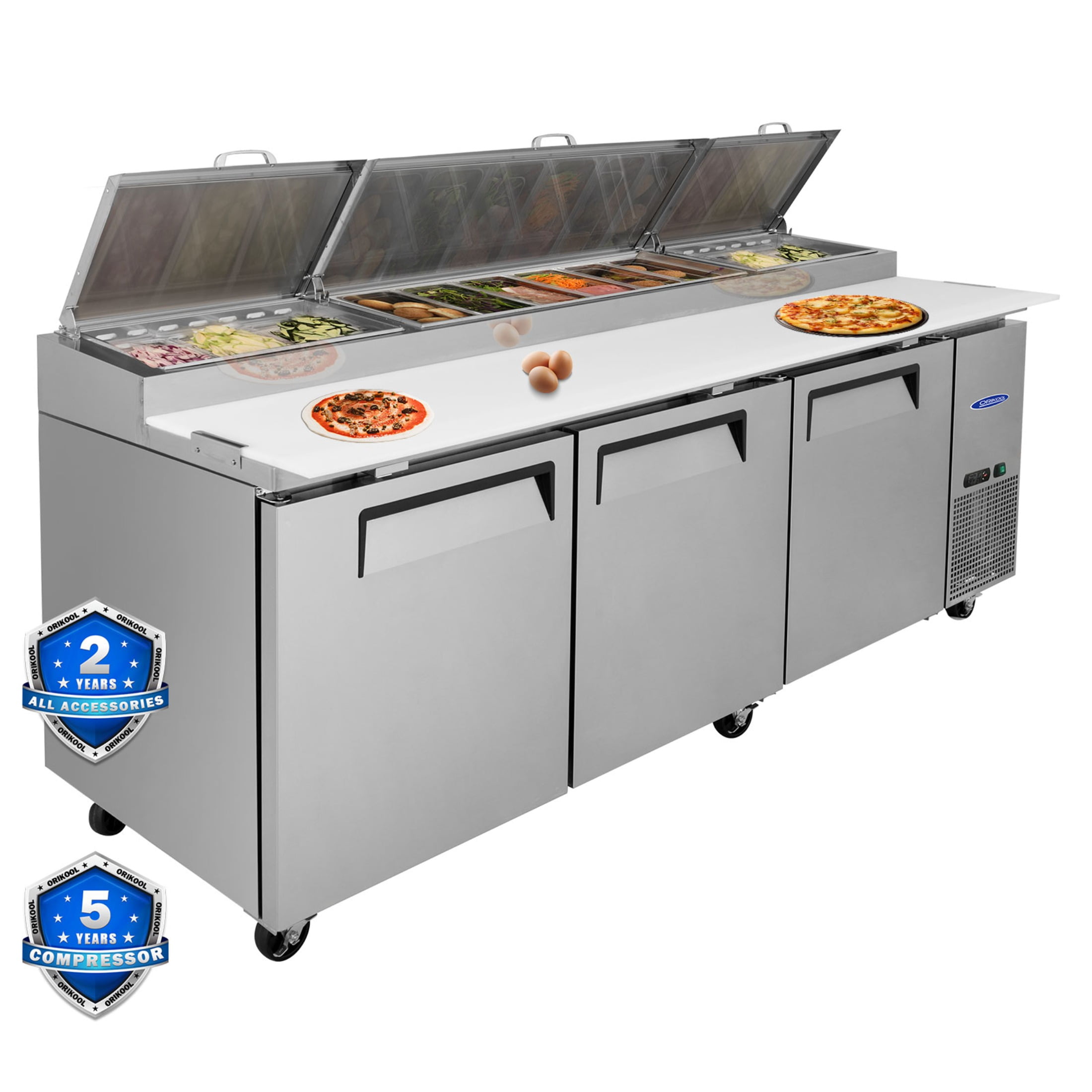 93 IN Commercial Pizza Prep Table with a Built-in Refrigerator 30.8 Cu.Ft, Butcher Block Cutting Board, Protection Lid, Cold Storage, and Smooth-Rolling Casters, ETL Certified (LTL carry)