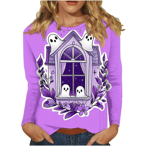 Plus Size Halloween T Shirts for Women Funny Cute Long Sleeve Graphic Tees Casual Loose Pullover Tops Fall Clothes Purple, 2XL