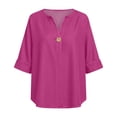 thumbnail image 6 of Amzcrzy Spring Tops for Women Versatile Casual Solid Color Linen Shirts for Women Loose Rolled 3/4 Length Sleeve Womens Tops Fashion V Neck Button Down Ladies Blouses 2XL, 6 of 7