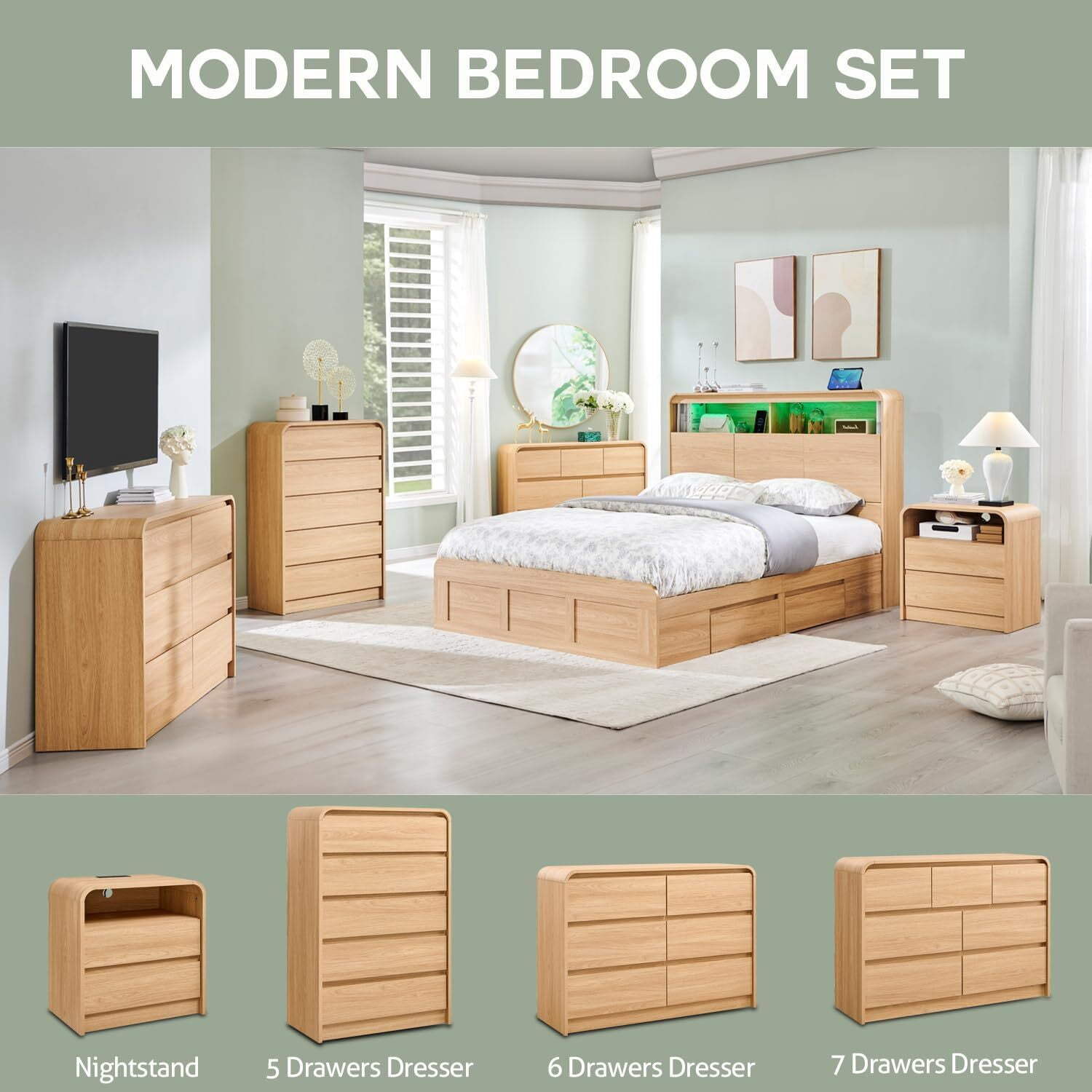 wow97e Modern 7 Drawers Dresser for Bedroom, Mid Century Chests of Drawers w/Curved Profile Design, 47" Wide