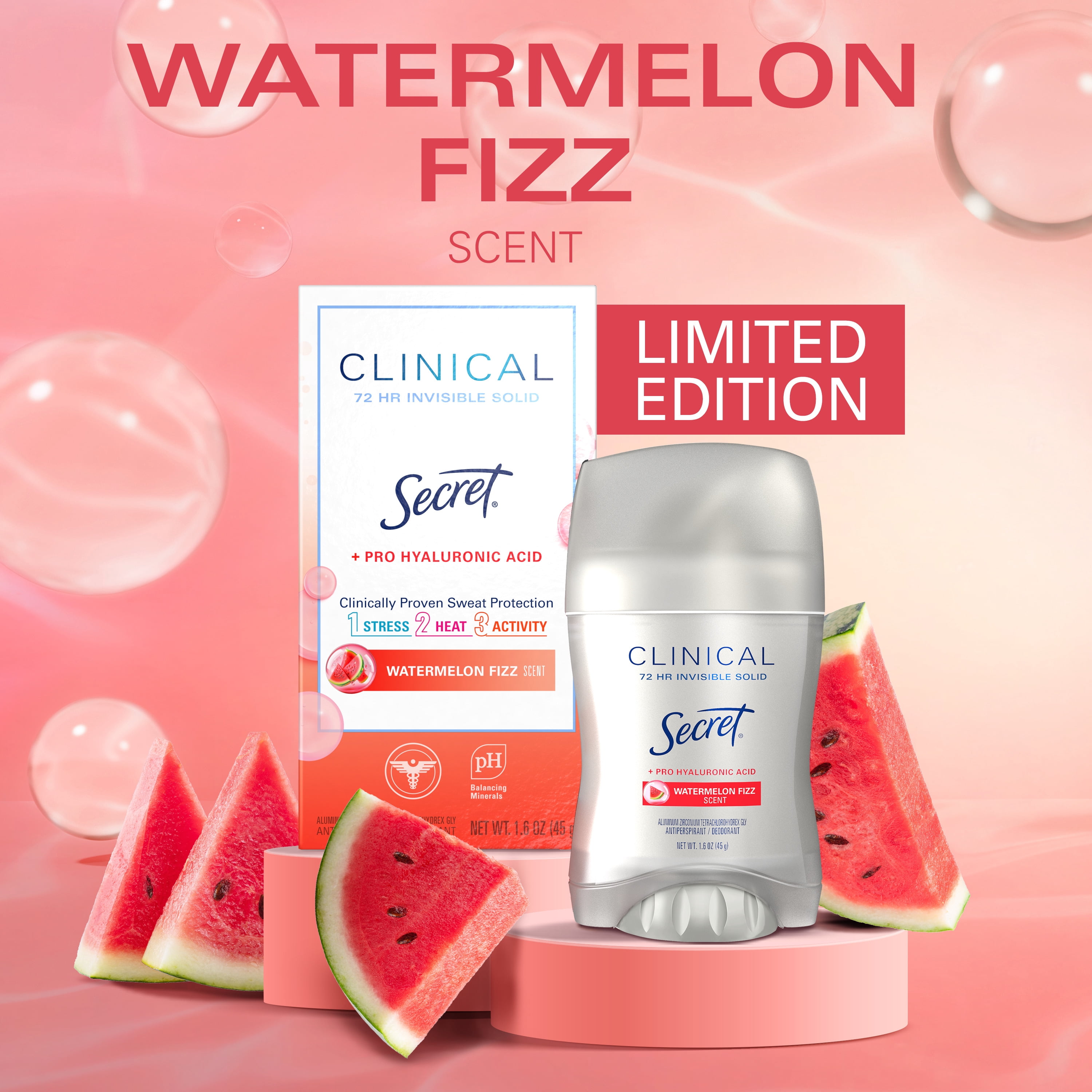 Secret Clinical 72 HR Invisible Solid Antiperspirant Watermelon Fizz with Pro-Hyaluronic Power 1.6 oz