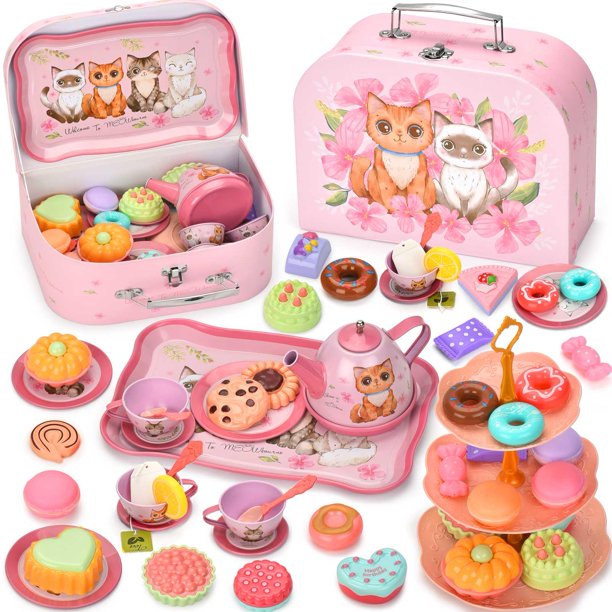 Set de fiesta de té Lajeje Cat para niñas de 3 a 6 años con 49 piezas