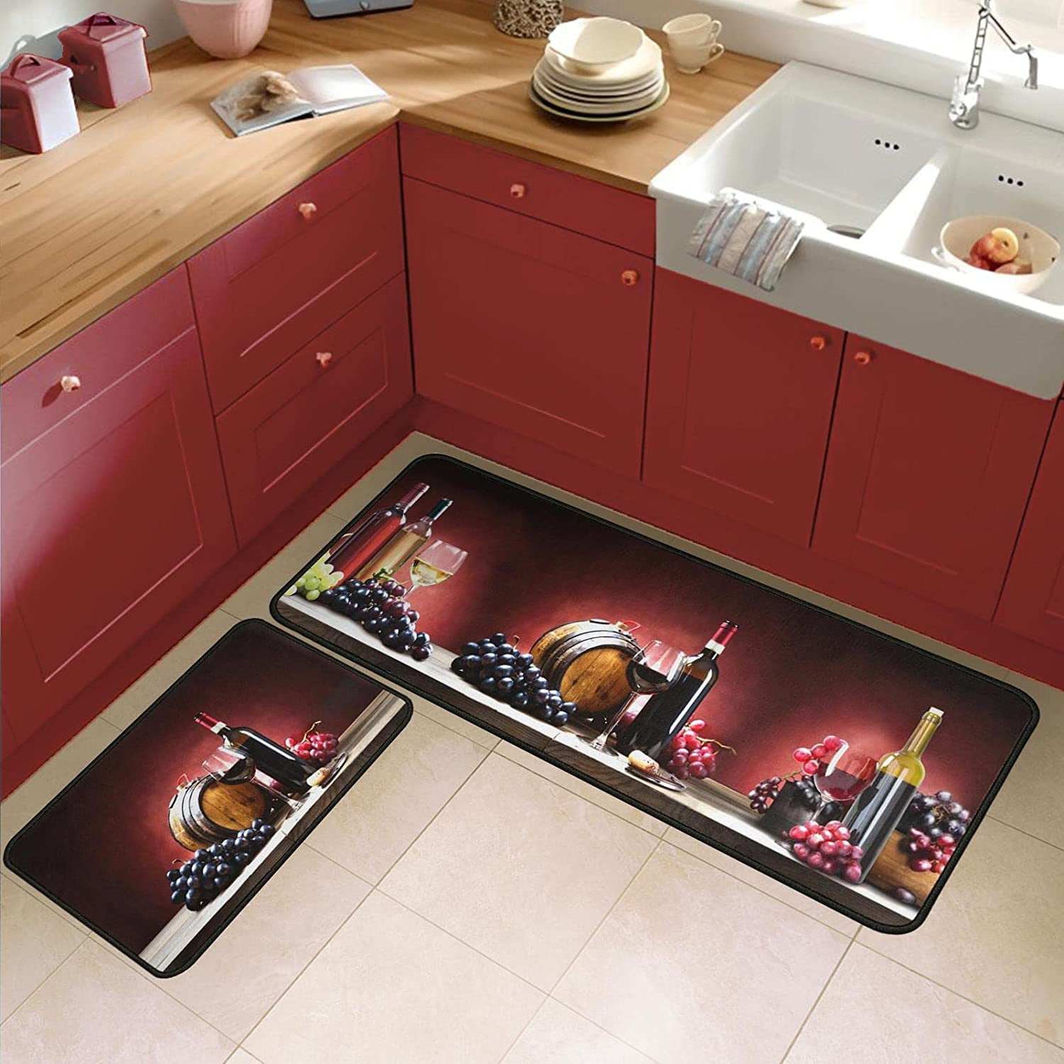 Red Wine Kitchen Rugs Set 2 Pieces NonSlip Kitchen Floor Rug and Mat Wine Decor for Kitchen