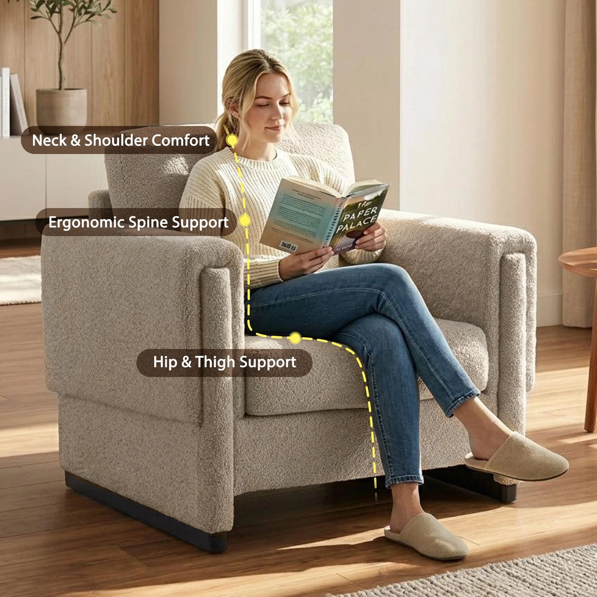 Euroco Modern Upholstered Accent Chair with Armrests, Boucle Fabric Armchair Comfy Reading Chair with Solid Wood Legs & Thick Cushion, Square Arm Club Chair for Living Room Bedroom Office,Brown