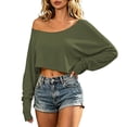 thumbnail image 4 of Auralook Womens Off the Shoulder Cropped Tops Long Sleeve Loose Fit Fall Basic Tee Casual Everyday Sports Pullover Shirts, 4 of 9
