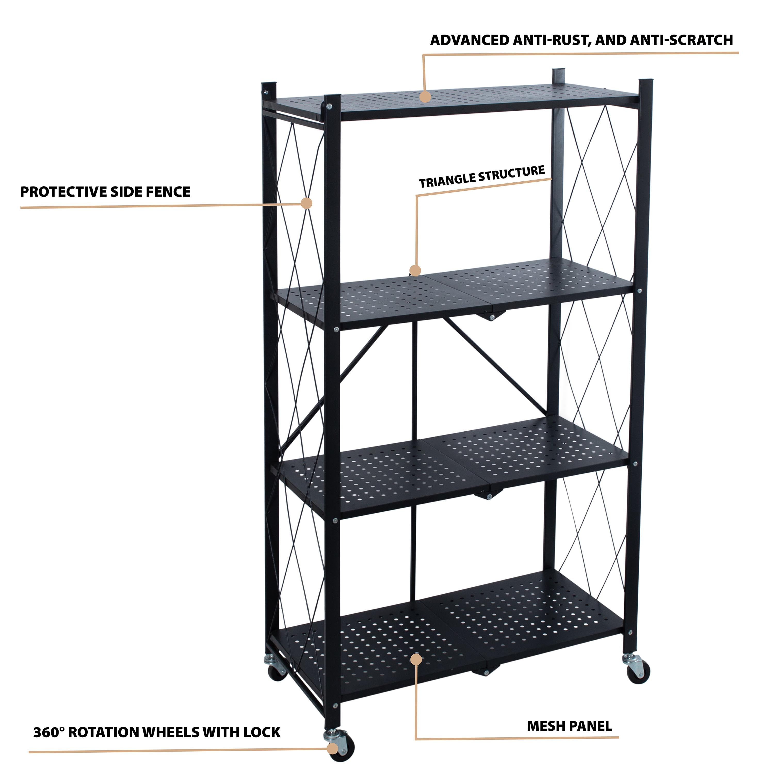 Organize It All 4 Shelf Foldable Metal Storage Shelves, Wheels, Adult, Kitchen, Laundry Room, Black