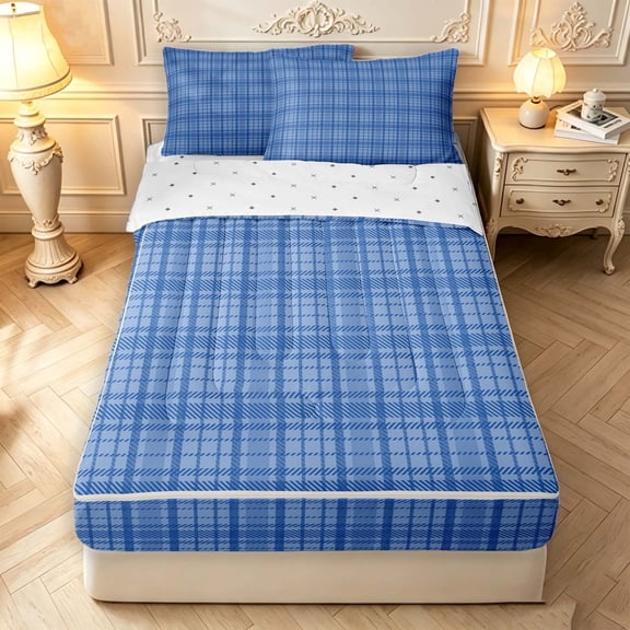 Manfei Geometric Check Zipper Twin Comforter Sets with Fitted Sheet and 2 Pillowcases,Classic Plaid Zipper Bedding Set,Navy,Reversible,4pcs