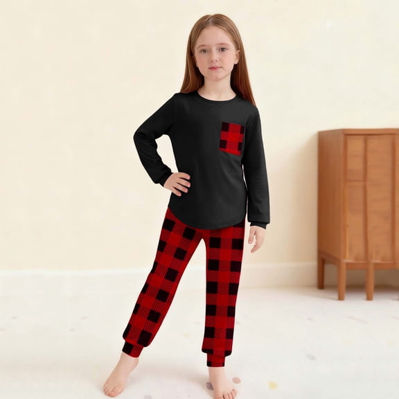 Cethrio Girls 2 Piece Pajama Sets, Crew Neck Soft Long Sleeve Girls' Sleepwear Loungewear Red Size 10-12