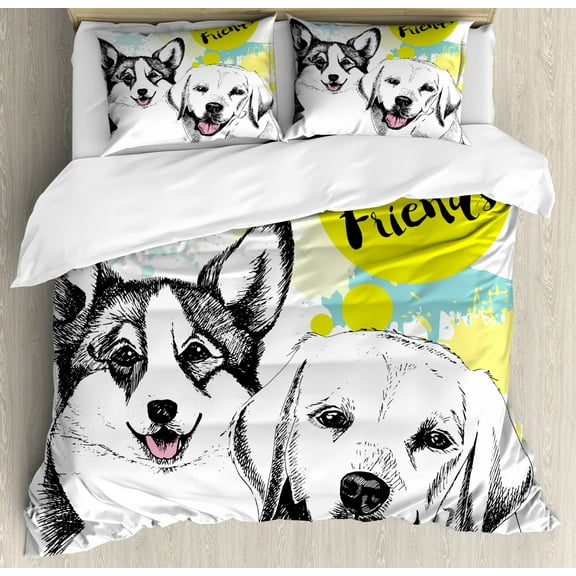 Labrador Duvet Cover Set Queen Size, Best Friends Typography with Hand Drawn Sketch Welsh Corgi Grunge Illustration, Decorative 3 Piece Bedding Set with 2 Pillow Shams, Multicolor, by Ambesonne
