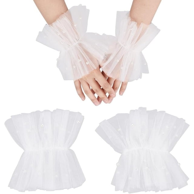 1 par de guantes de ópera para mujer con puños de encaje blanco y perlas, puños cortos de gasa de nailon, puños de malla, accesorios de disfraz