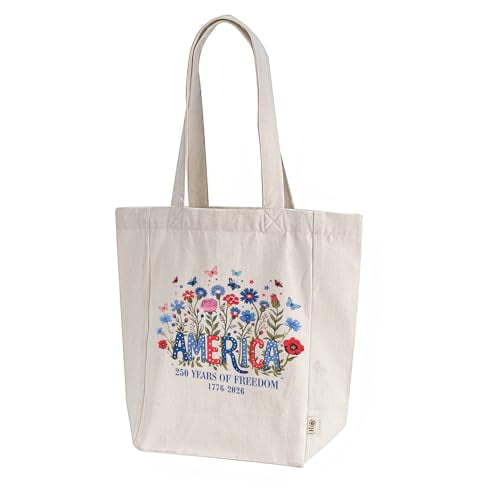 Trenz Shirt Company Patriot Pride Reckless Patriot Canvas Tote Bag – America 250 Years of Freedom 1776-2026 Floral Butterfly Design, Natural, One Size