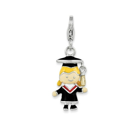 Sterling Silver W/ Rhodium-plated Enamel Grad Girl w/ Lobster Clasp Charm (0.8in long x 0.4in wide)