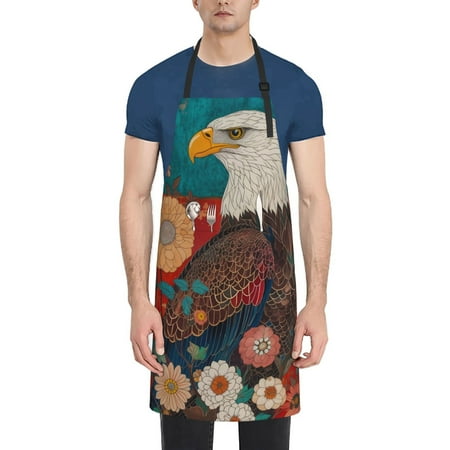 

Xecao Sunflower Bald Eagle Print Kitchen Cooking Aprons Waterproof Adjustable Bib Aprons with 2 Pockets for Women Men Chef