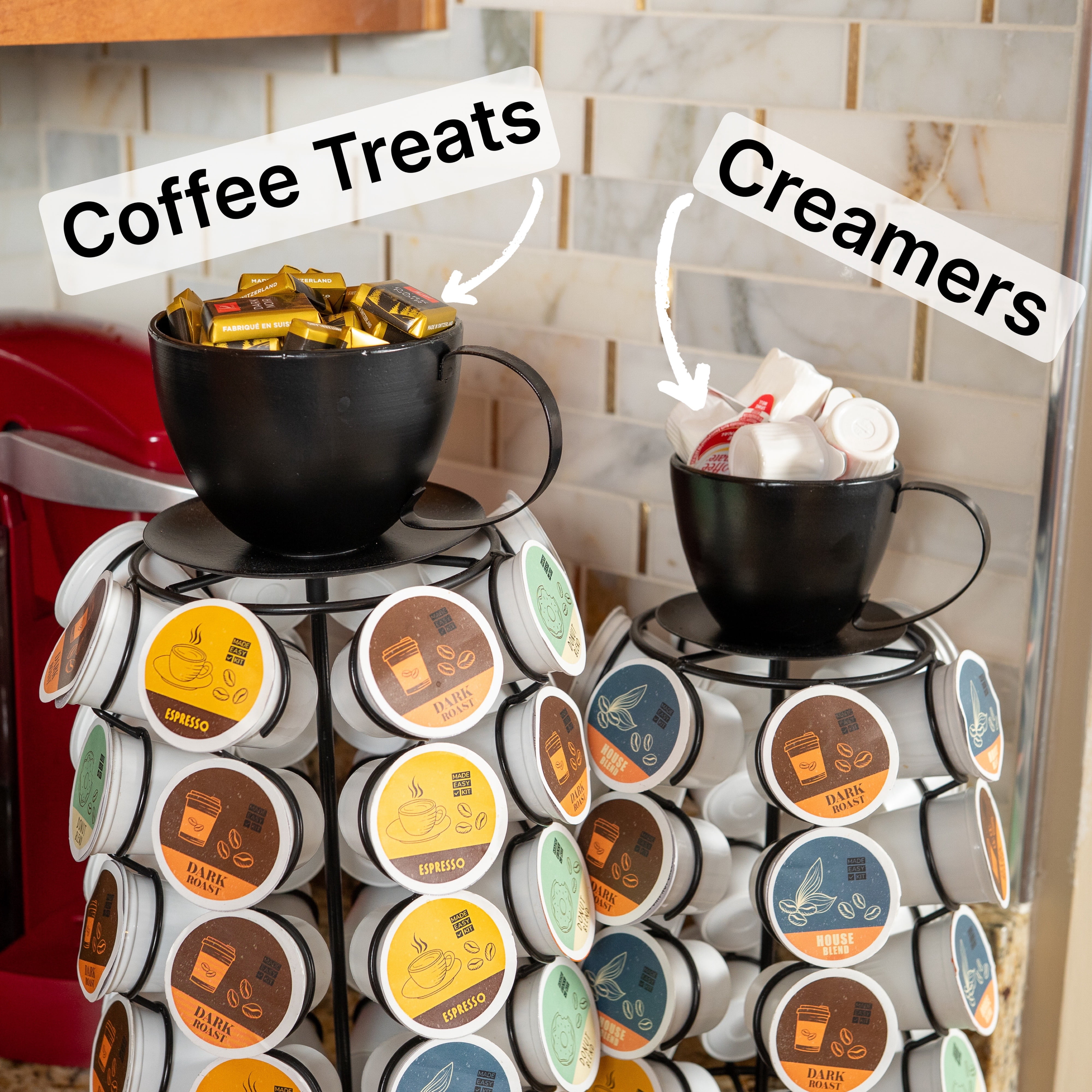 Made Easy Kit Carousel Coffee Pod Holder - Compatible with Keurig K-Pods K-Cups - Countertop 360 Spin Rack Storage Organizer - Metal Pre-Assembled Lazy Susan Revolving Base - Home, Kitchen, Office