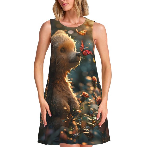 Balery Sunshine Butterfly Flower Bear Vestidos de verano para mujer con estampado: vestido holgado sin mangas, vestido playero informal y cómodo para días calurosos.
