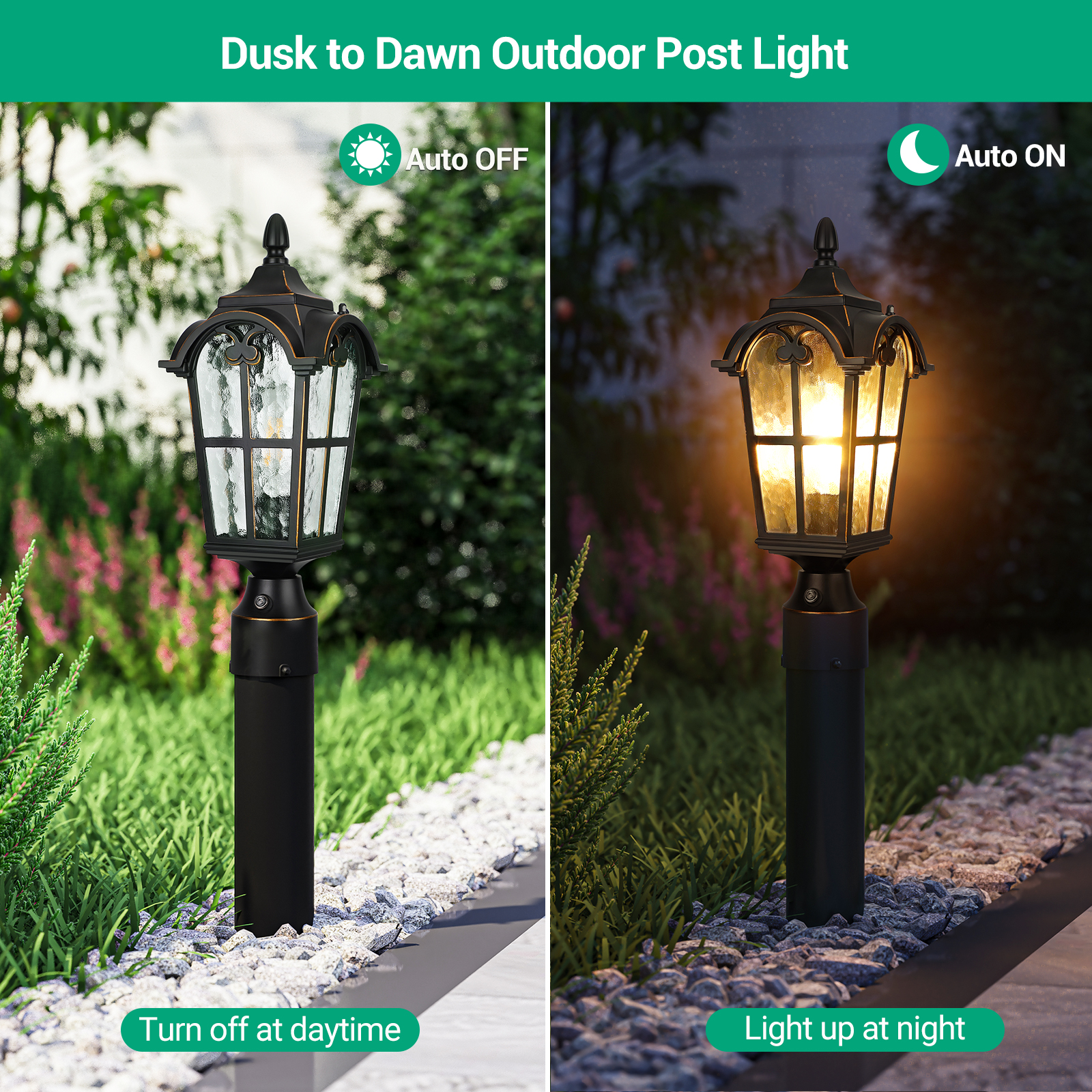EDISHINE Outdoor Post Light Dusk to Dawn Photocell Sensor with Pier Mount  Base,Die-casting Aluminum Post Lamp with Glass Shade Weatherproof E26 Base 