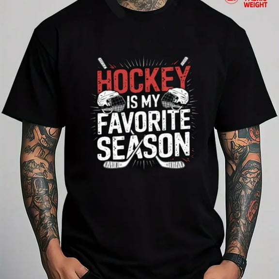 Men's Hockey Fan T-Shirt - Heavyweight 180gsm Cotton Tee with Hockey Stick & Puck Graphic - All-Season Casual Shirt for Hockey Players, Couples - Sizes S-3XL - Black Crew Neck Short Sleeve - Perfect