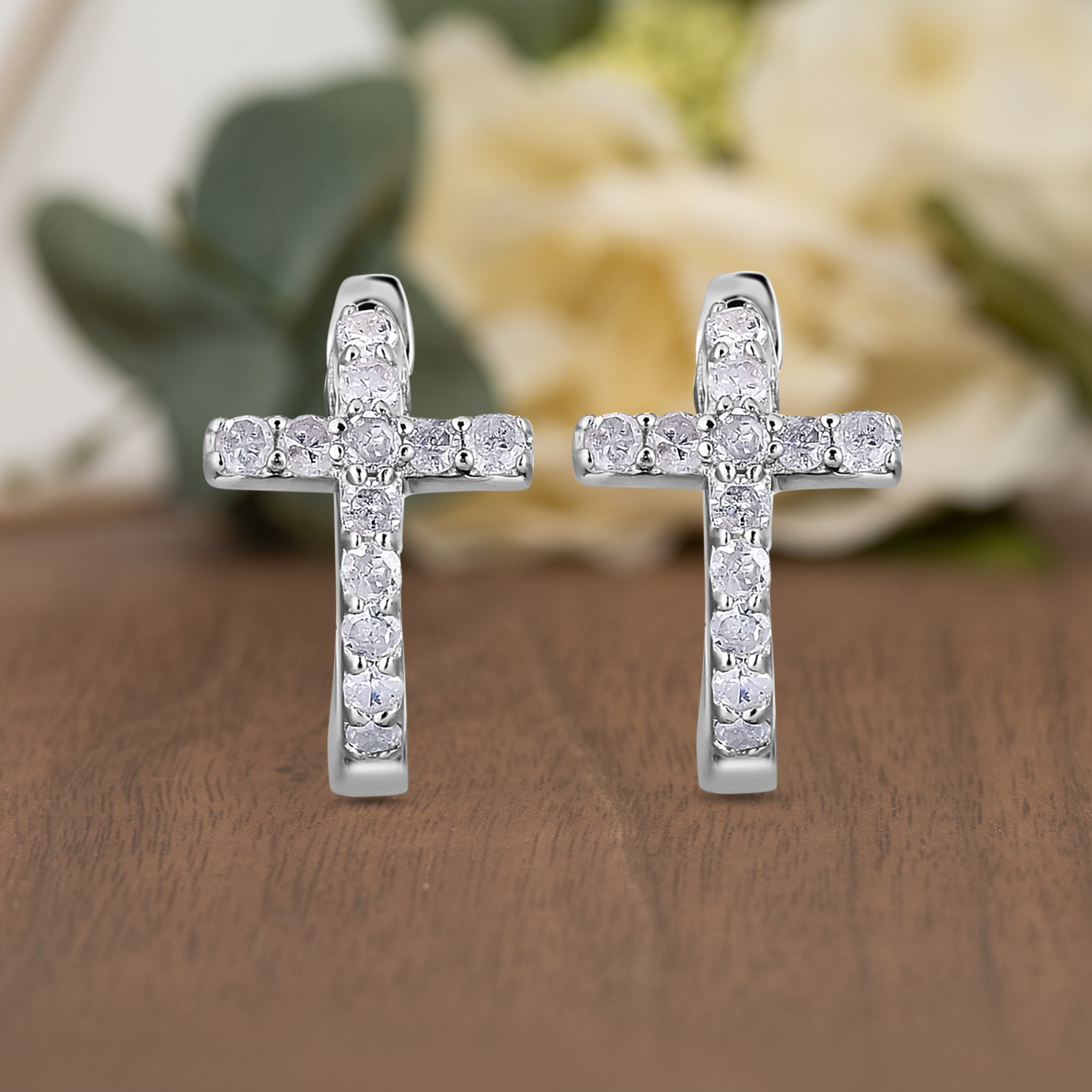 Natalia Drake 1/4 Cttw Diamond Cross Hoop Earrings for Women in Rhodium Plated Sterling Silver