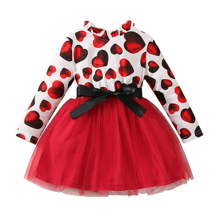 

Girls Dresses Girls Child Valentine S Day Long Sleeve Love Prints Tulle Dresses Bow Tie Princess Dress
