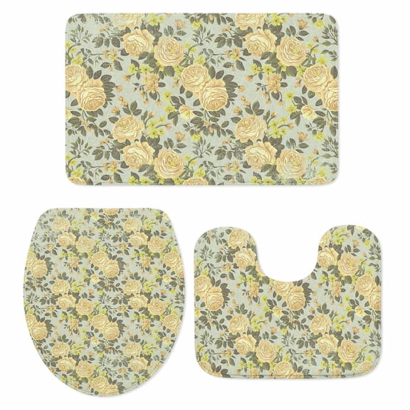 Yellow Rose Bath Mat 3 Piece Bathroom Rug Set, Farmhouse Romantic Botanical Floral Flowers Non Slip Bath Rug Contour Mat and Toilet Lid Cover, Absorbent Shower Mats Soft Bath Rugs and Mats Sets