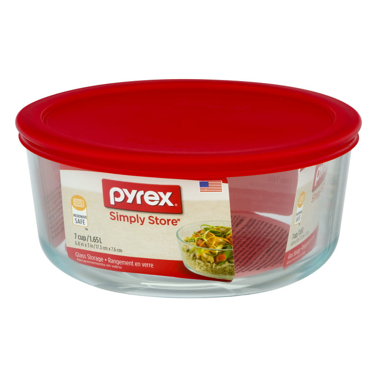 Pyrex Storage Plus 7-Cup Round Glass Food Storage Dish, Blue Cover, Pack of  2 Made in the USA