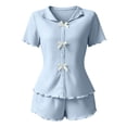 thumbnail image 6 of Bow Button Up Pajamas Set for Women Short Sleeve Ribbed Knit Sleepwear 2 Piece Pjs Shorts Set Sky Blue, 6 of 6