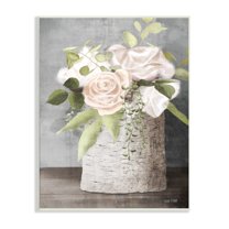 Stupell Industries White Roses and Botanicals on Birch Stump Painting, 13 x 19,Design by House Fenway