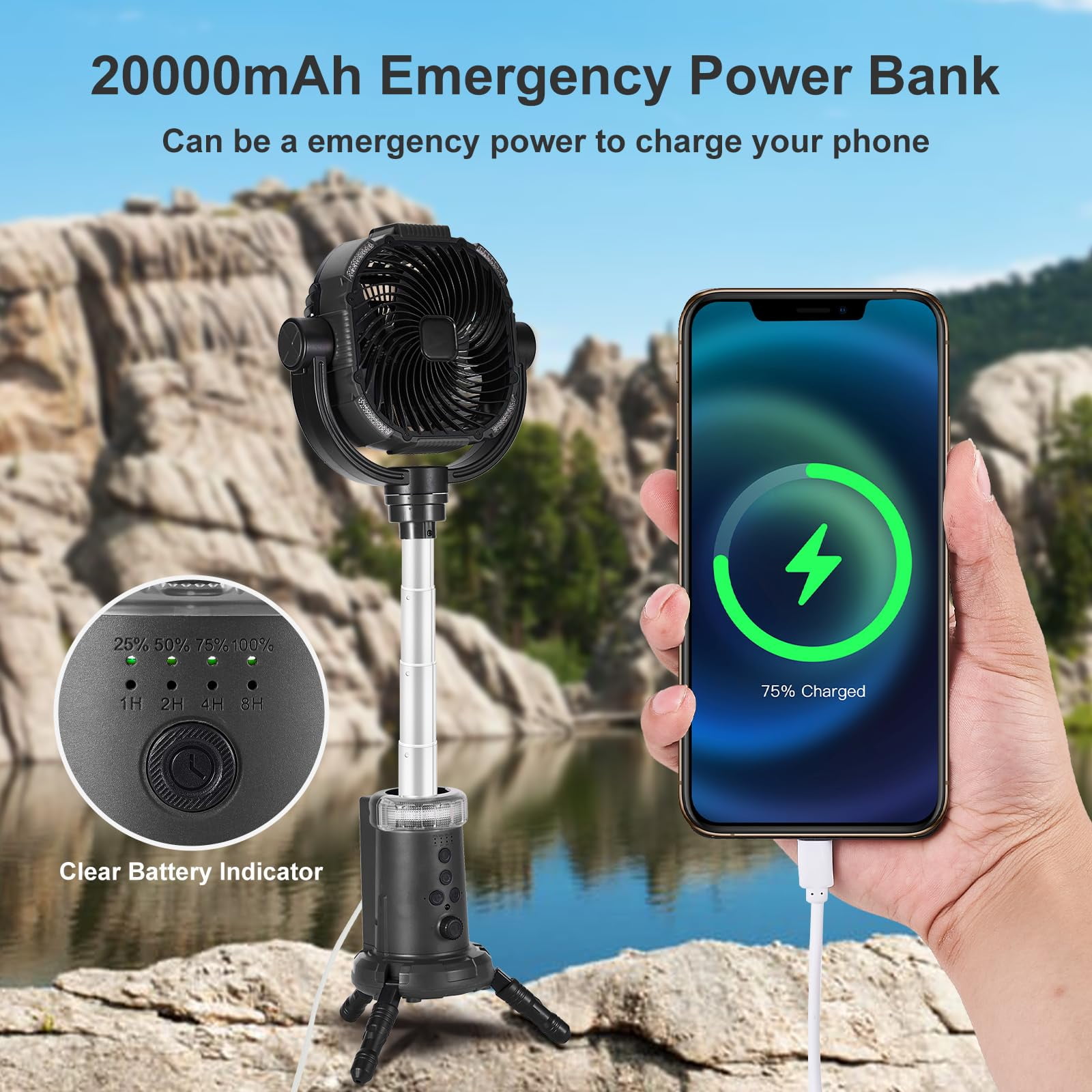 Portable Fan Rechargeable, 20000mAh Cordless Battery Powered Fan with LED Lantern, Type-C Battery Operated for Travel Bedroom Home Camping Tent Office Beach Desk Fishing Table