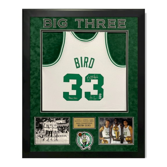 Larry Bird, Kevin Mchale  Robert Parish Celtics Autographed Jersey Framed to 32x40