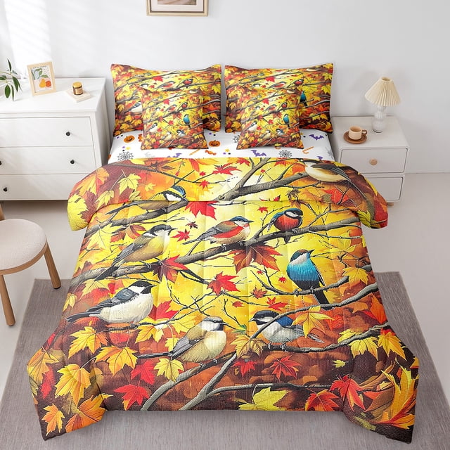 Welcome Fall Autumn Comforter Set, Thanksgiving Autumn Maple Tree Birds Bedding Kids Fall Thanksgiving Full Bed Set + Flat Sheet + Fitted Sheet + 2 Pillowcases + 2 Throw Pillow Covers