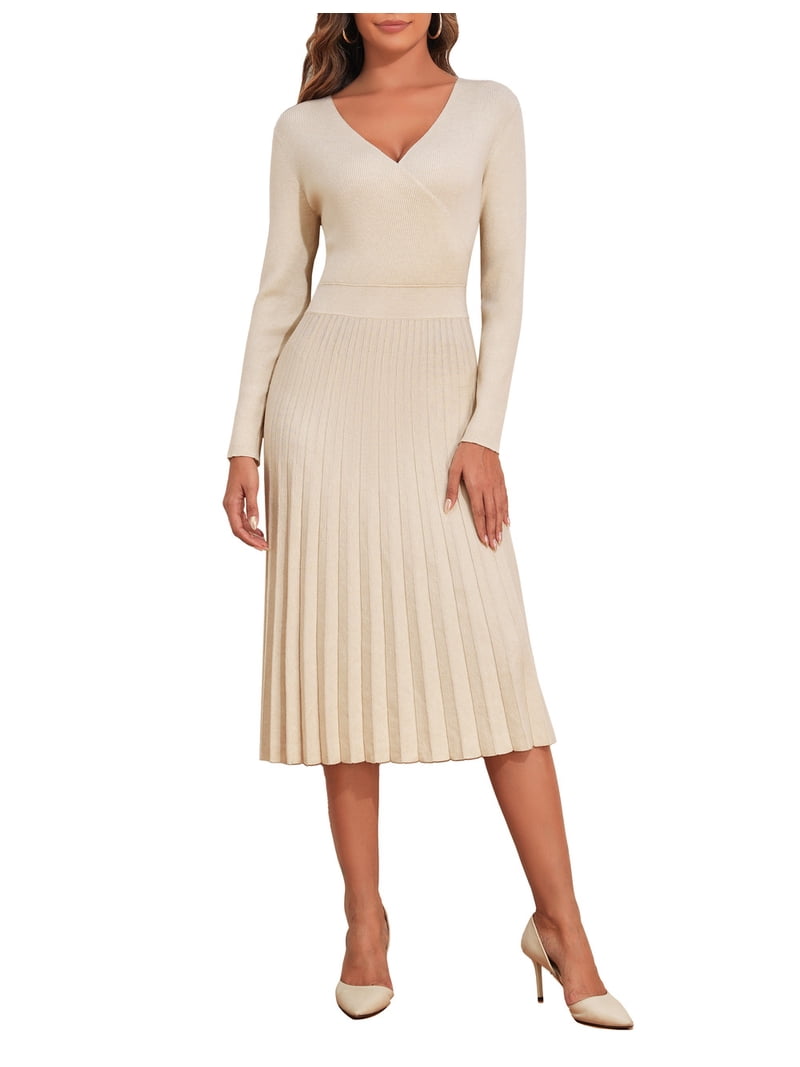 Midi Sweater Cream Wrap Sweater Dress PrettyGuide Women's Wrap Sweater Dress V Neck Long Sleeve Pleated