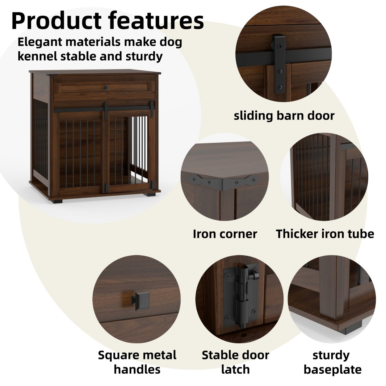 Dog Crate Furniture with Sliding Barn Door, Storage Drawer & Metal Bars, Heavy Duty Indoor Kennel End Table for Small & Medium Dogs, Walnut