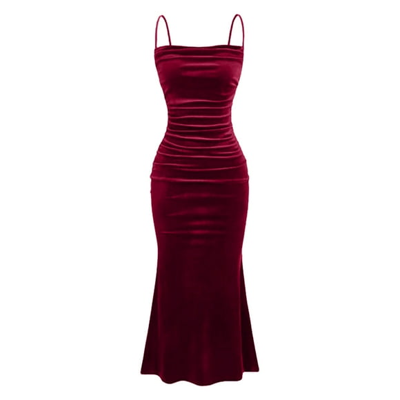 hotojiny Wedding Guest Dresses for Women Elegant Spaghetti Strap Square Collar Velvet Formal Dress Ruched Bodycon Cocktail Party Dress