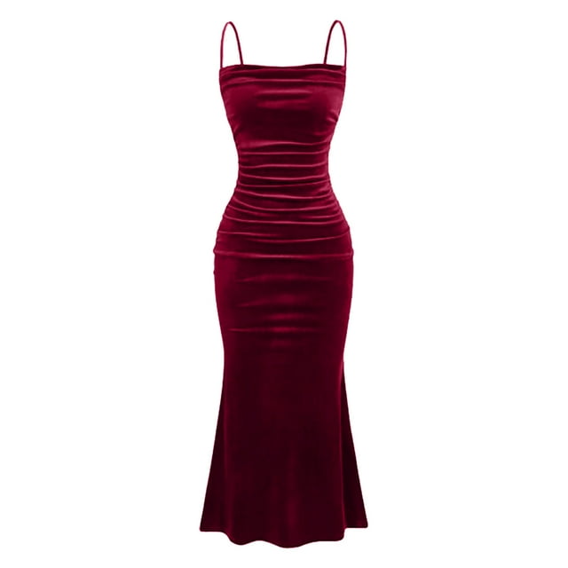 Robe en Velours pour Femmes à Bretelles Spaghetti Sans Manches Moulante Robe Maxi Élégante Longue Formelle pour Invitée de Mariage
