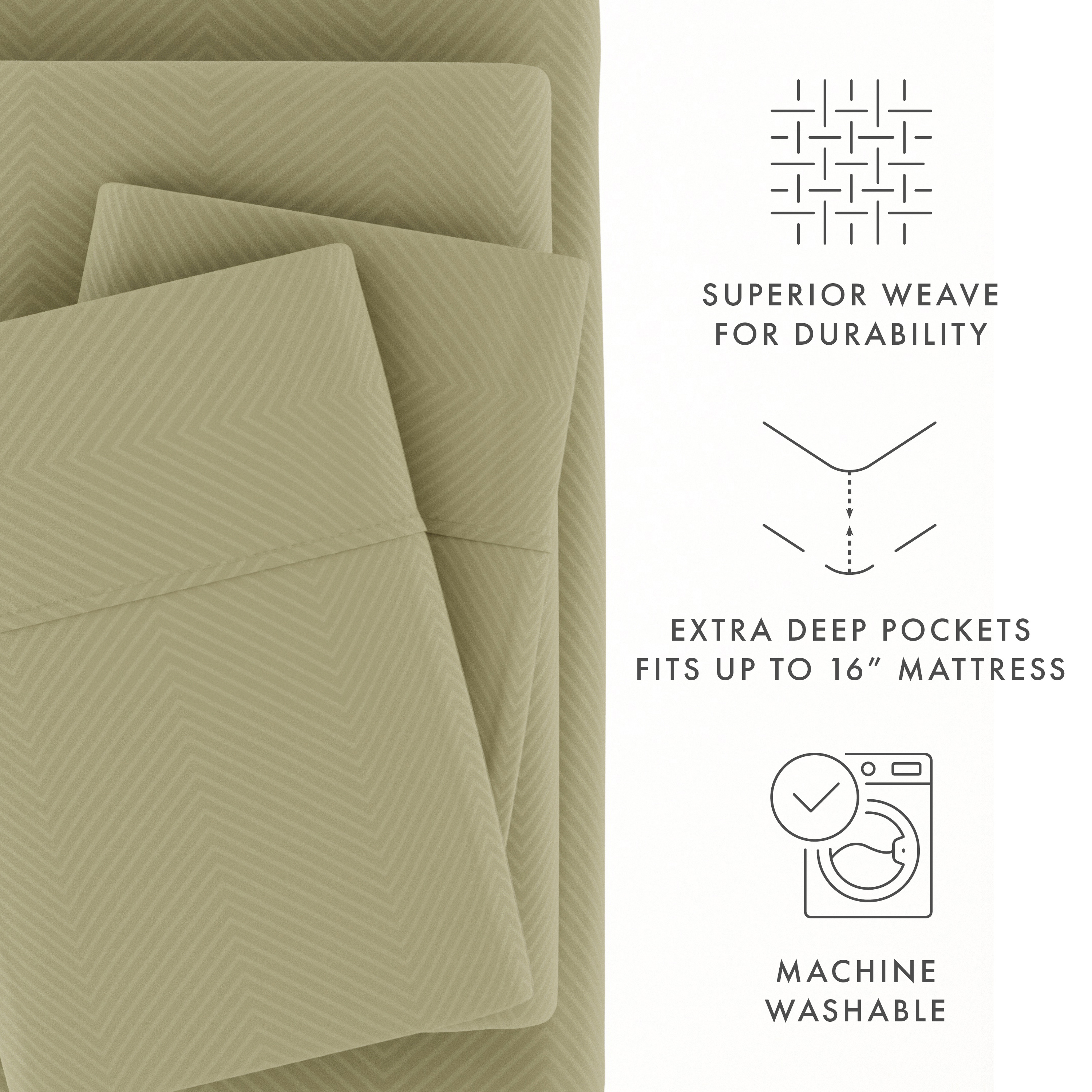 Noble Linens 4 Piece Sage Chevron Embossed Bed Sheet Set, Queen
