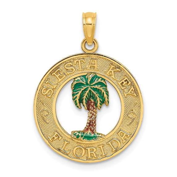 FB Jewels 14K Yellow Gold Siesta Key Fl On Round Frame with Green Palm Tree Center Pendant