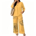 thumbnail image 6 of Vintage Sunflower Sketch Print Two Piece Set for Women, 3/4 Sleeve Button Down Top & Wide Leg Pants - Boho Casual Lounge Outfit with High Waist Trousers Yellow S, 6 of 7