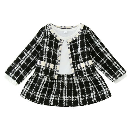

simu Valentines Day Girls Outfits Toddler Girls Outfit Fashion Small Fragrance Long Sleeves Plaid Dress Coat 2pcs Set Outfits for Birthday Wedding