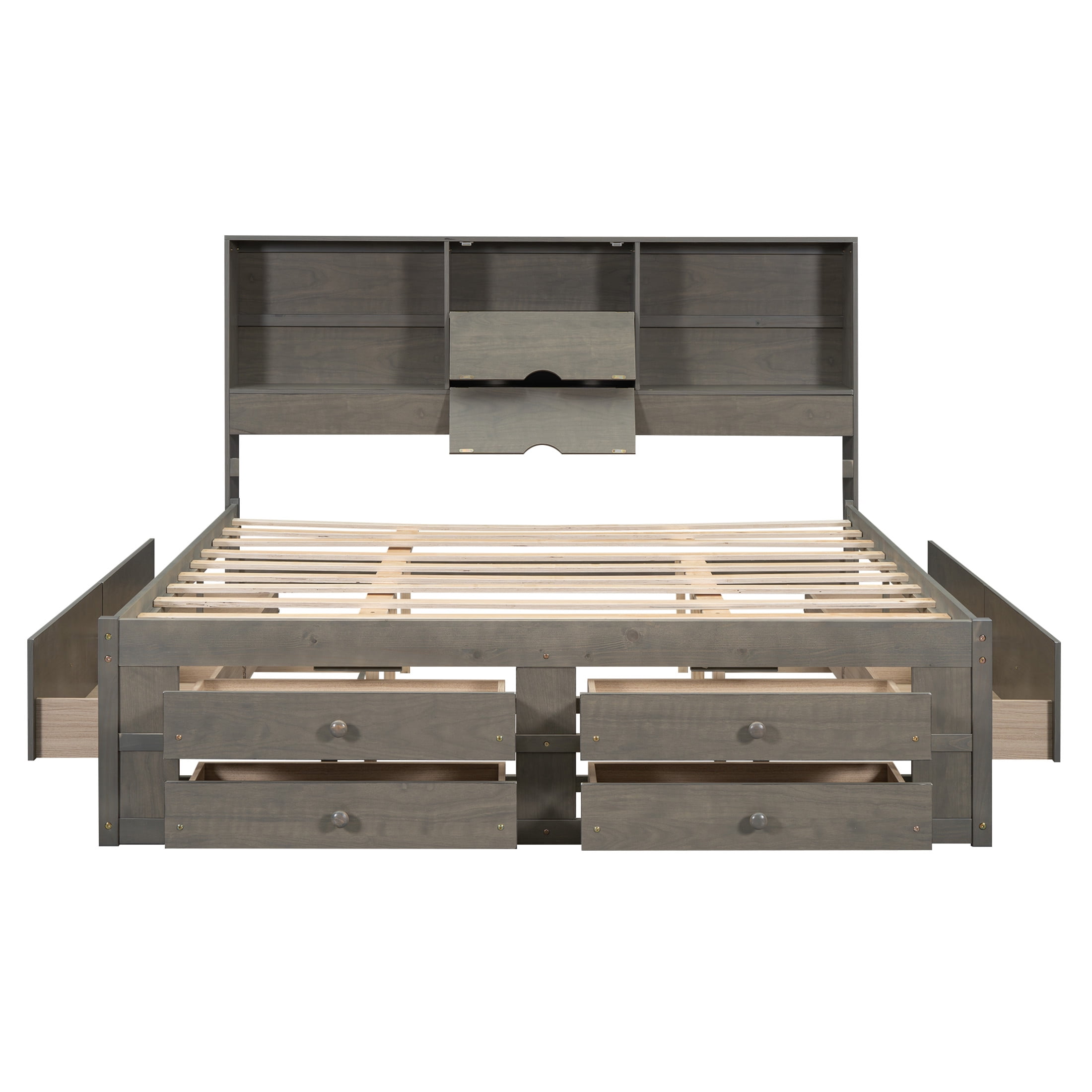 Noble House Solridge King Size Platform Bed with Bookcase Headboard and Storage Drawers, Solid Wood Frame, Gray