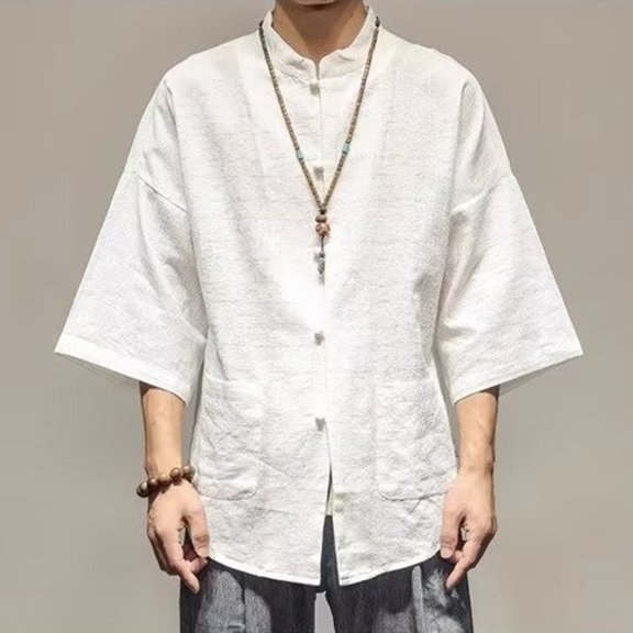 Ceisia Men Chinese Frog Button Linen Shirt Mandarin Collar Three Quarter Sleeve Casual Top White S Gift