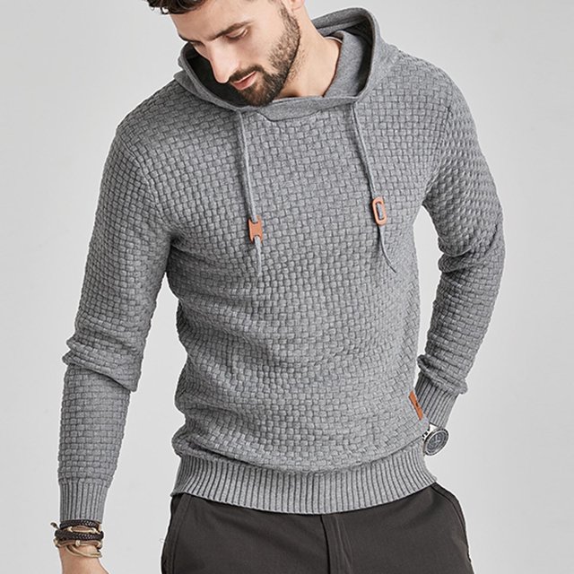 Men Hooded Sweatshirt Long Sleeve Solid Knitted Hoodie Pullover Sweater