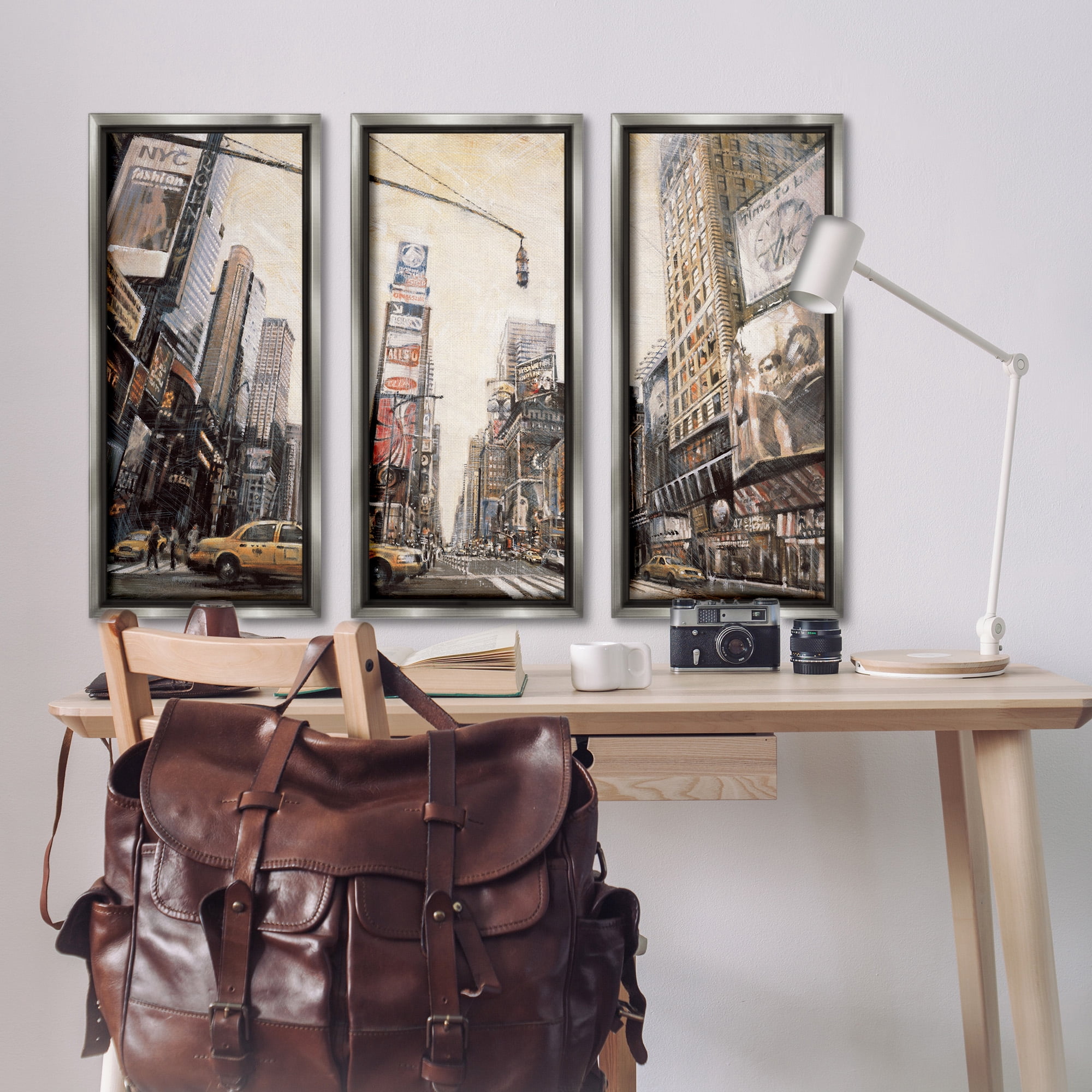 Stupell Industries New York City Streets Buildings Transportation Painting Gray Floater Framed Canvas Art Print Wall Art, 15 x 31, Set of 3