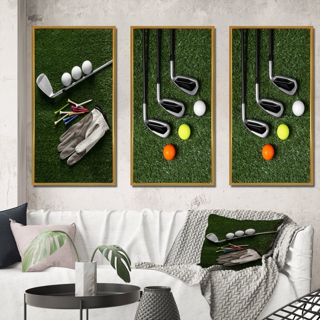 Designart "Excellent Golf Set Swing III" Sports Framed Wall Art Set Of 3 - Green Golf Frame Canvas Set For Living Room Decor