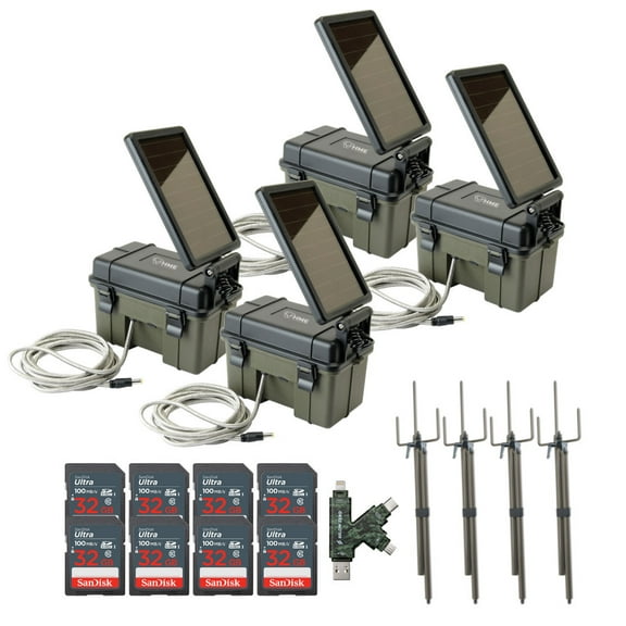HME Trail Camera 12V with Solar Auxiliary Power Pack (4-Pack) Bundle with Trail Camera Mount Stick (4-Pack), 32GB Ultra SDHC UHS-I Memory Card (8-Pack), and SD USB 2.0 Card Reader (17 Items)