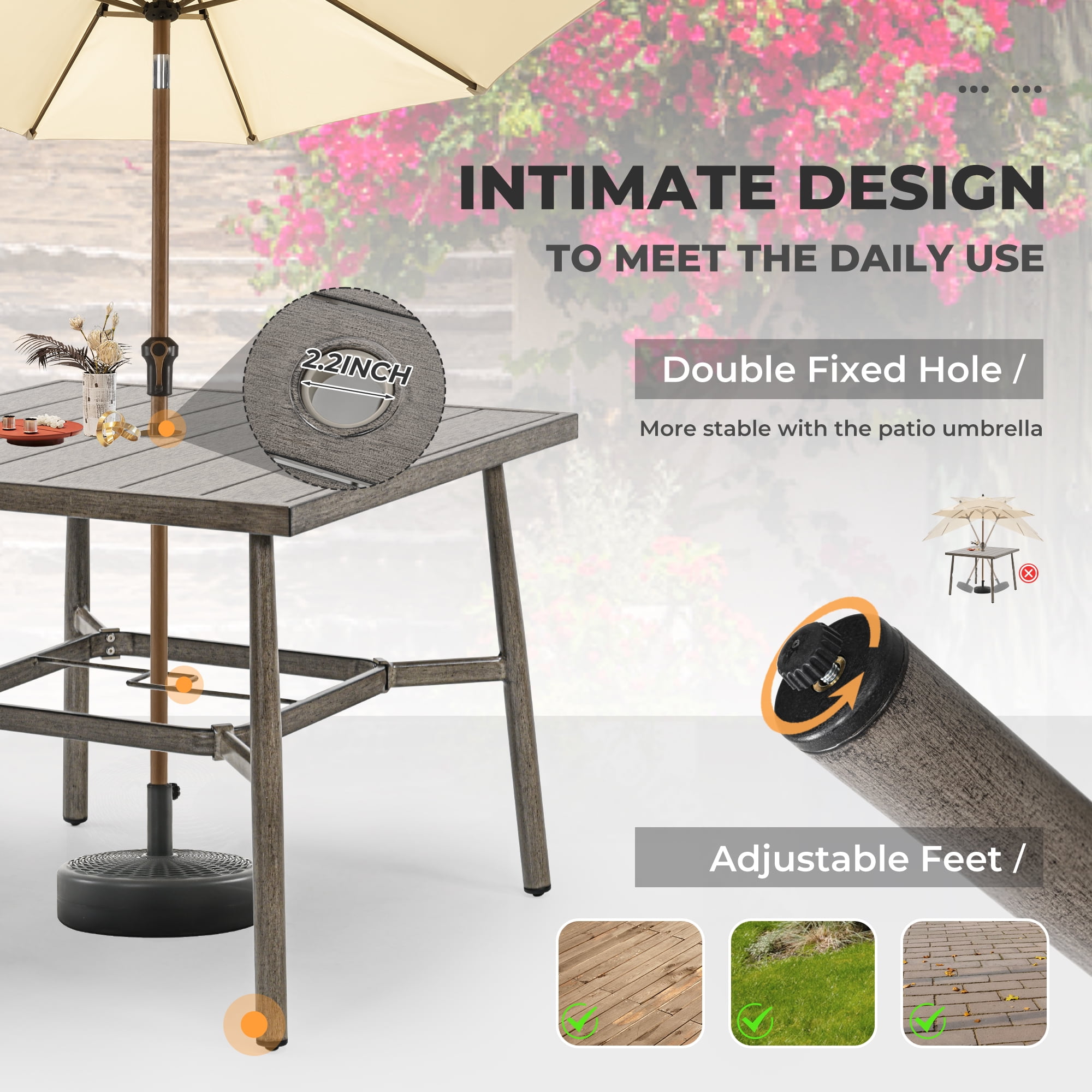 HAPPATIO 5-Piece Outdoor Dining Set for 4, Aluminum Patio Dining Setcludes 1 Large Square Table with Umbrella Hole, 2 Swivel Dining Chairs, and 2 Dining Chairs, for Lawn, Porch, Backyard (Grey)
