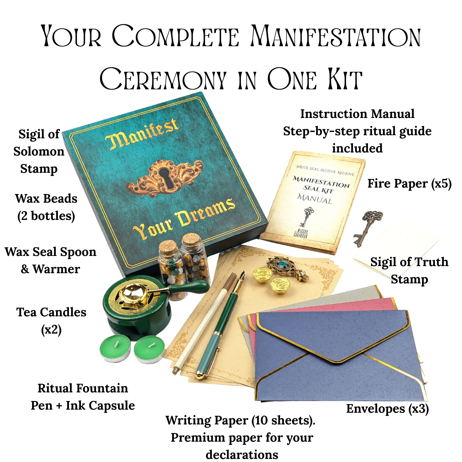 Manifestation Kit with Fire Paper & Wax Seal Stamps – Sigil Ritual Tools